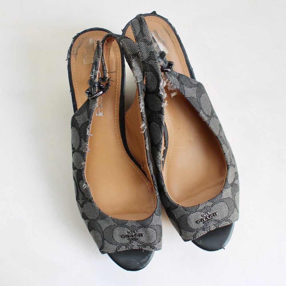 Coach Ferry Grey Logo Jacquard Tan Cork Wedge Slingback Sandal Heels Size 6.5 - Picture 3 of 8